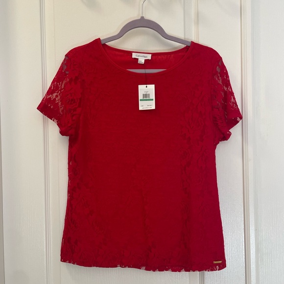 Calvin Klein Vibrant Red Rose Lace Blouse NWT - Picture 4 of 4